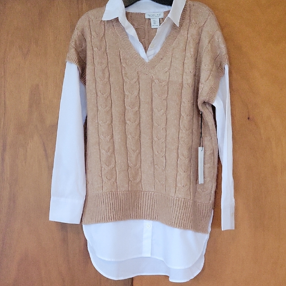 Rachel Zoe Tan V-Neck Cable Knit Sweater